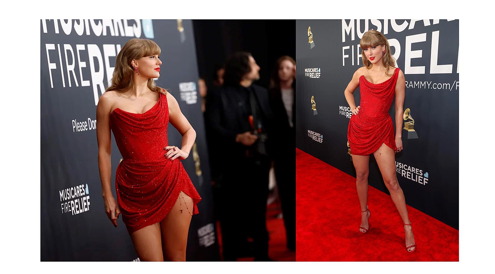 Taylor Swift Stuns at the 2025 Grammys with a Fiery Red Mini Dress